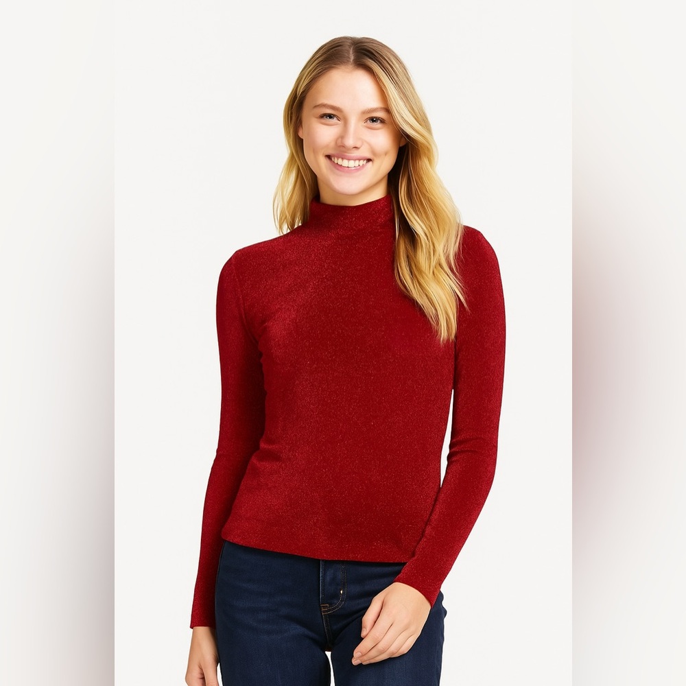 Haute Monde sparkly long sleeve mock high neck Party Blouse Women’s M